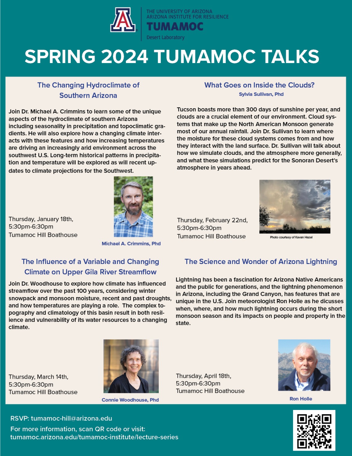 Poster of the Spring 2024 Tumamoc Talks presenters 