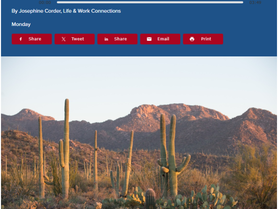Headline text and image of desert landscape with saguaros and the mountains in sunset