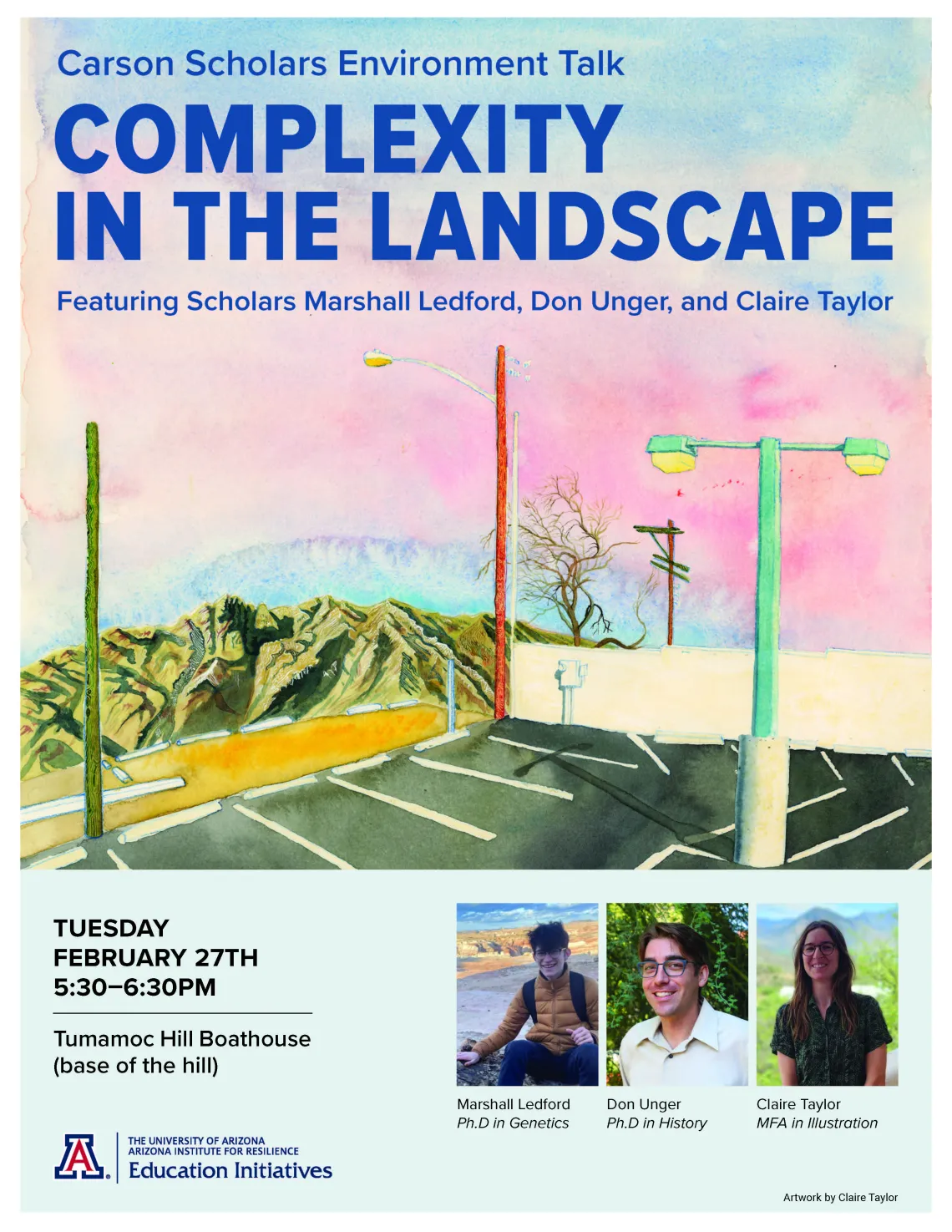 Carson Scholar Talks Flyer with sunset illustration of the desert.