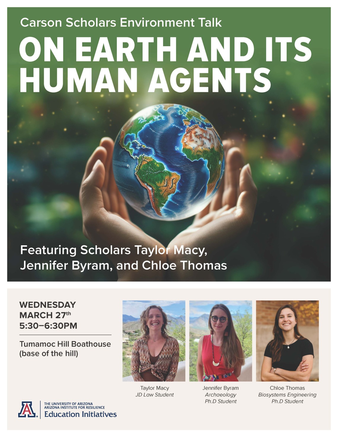 Carson Scholar Talks Flyer with image of the earth and hands holding it