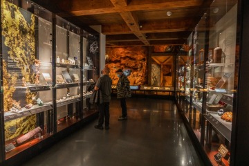 Two people looking at an exhibit within the Gem and Mineral Museum